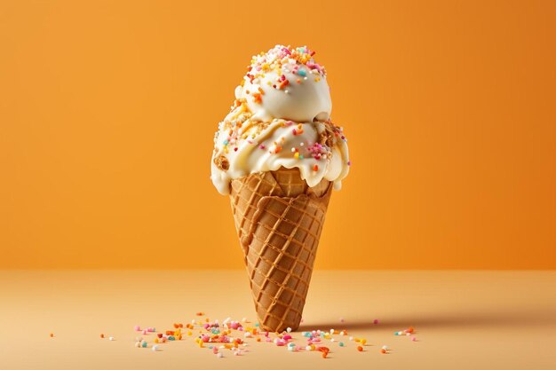 Un cono de helado con sabor a mango con salpicaduras