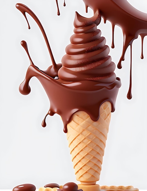 Foto un cono de helado con salsa de chocolate en él generado por ia