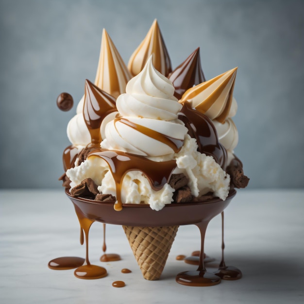 Un cono de helado con sirope de chocolate y helado encima.