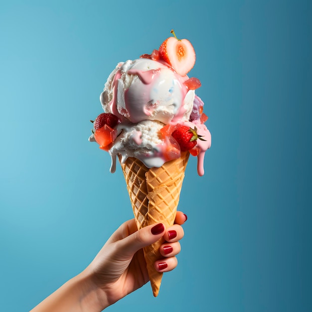 Cono de helado sobre un fondo azul La mujer sosteniendo el helado con la mano