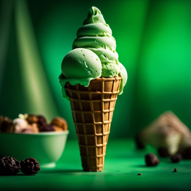 cono de helado sobre un fondo verde