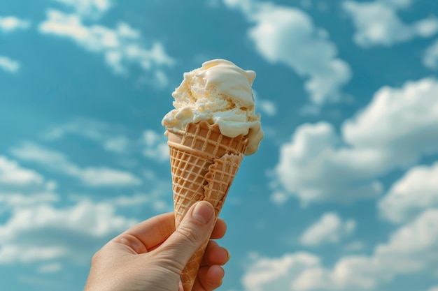 Un cono de helado sostenido hacia el cielo caluroso del verano.