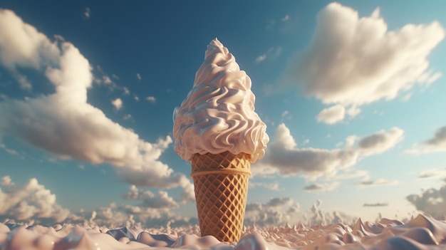 un cono de helado de vainilla cubierto de glaseado blanco en un día brillante y hermoso