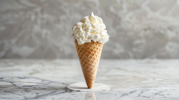 Cono de helado de vainilla en una mesa de mármol con fondo borroso