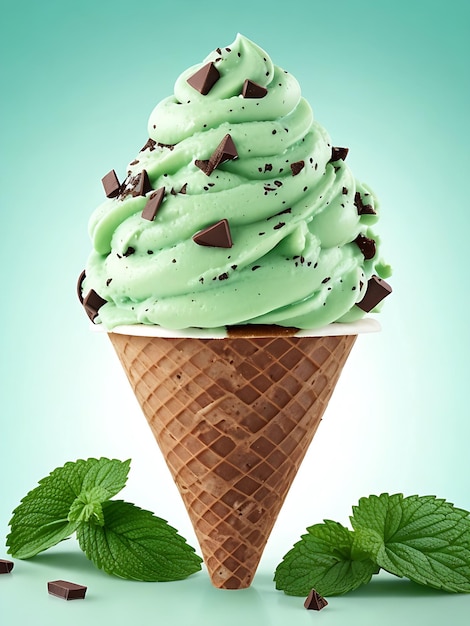 Un cono de helado verde con chips de chocolate en él generado por la IA