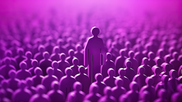 Ícono humanoide púrpura 3D que sobresale de la multitud en un alfiler generado por IA