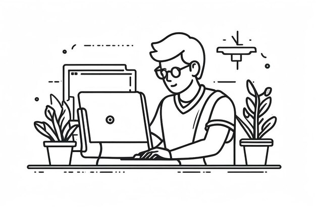 Ícono de línea de estudiante Ilustración de contorno vectorial de un hombre trabajando en la computadora