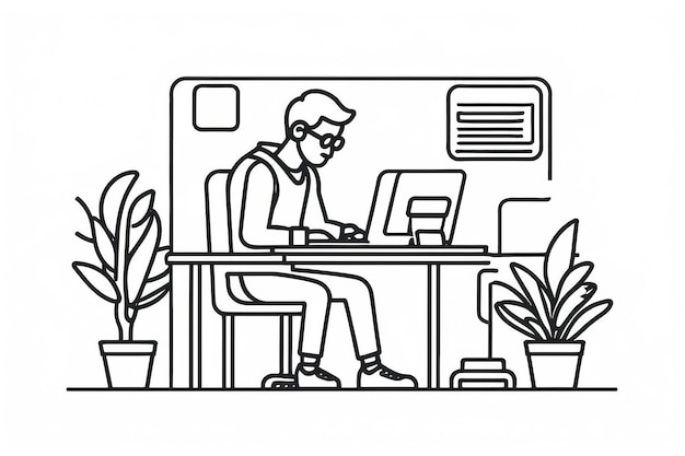 Ícono de línea de estudiante Ilustración de contorno vectorial de un hombre trabajando en la computadora