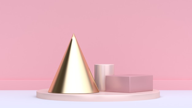 Cono de oro cilindro rosa y piso cuadrado blanco en pared rosa representación 3D