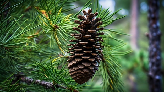 Un cono de pino está en una rama de un árbol.