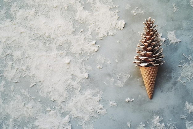 cono plano con árbol de Navidad de nieve y cono de pino en fondo texturizado