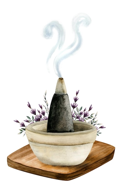 Cono de quemador de incienso de lavanda para ilustración de aromaterapia Palo de pirámide de aroma con humo