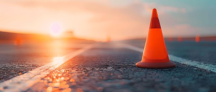 Cono de tráfico naranja en el costado de la carretera