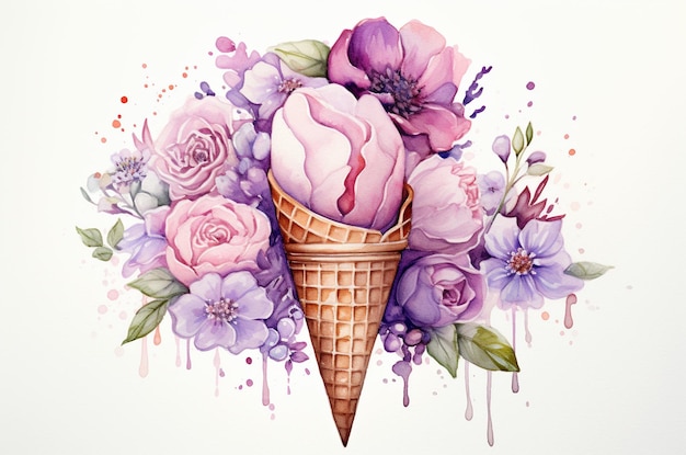 Cono de waffle de acuarela con flores en el interior Helado de flores IA generativa