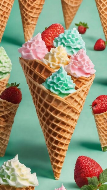 Cono de waffle de azúcar para helado dispuesto en patrón sobre fondo de menta la imagen con espacio para copiar puede