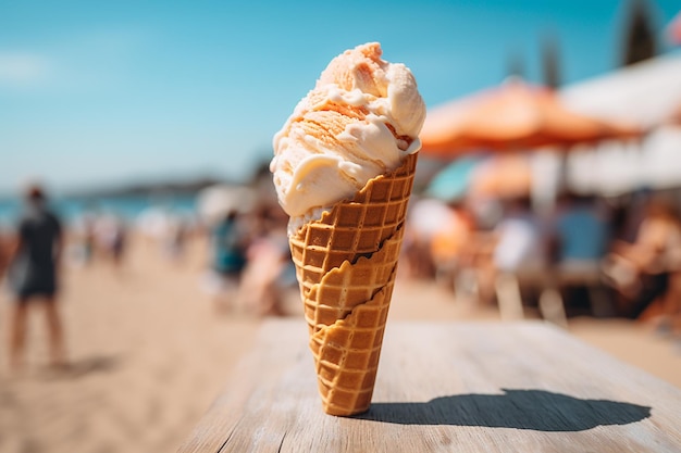 Foto un cono de waffle desbordando de helado de mango con un fondo borroso de playa ia generativa