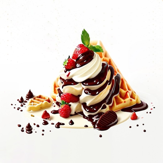 Un cono de waffle con fresas y chocolate