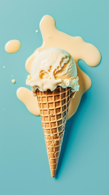 El cono de waffle de helado se derrite sobre un fondo azul