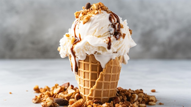 Foto un cono de waffle con helado y nueces