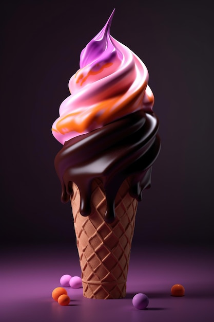 un cono de waffle lleno de helado de chocolate y glaseado rosado