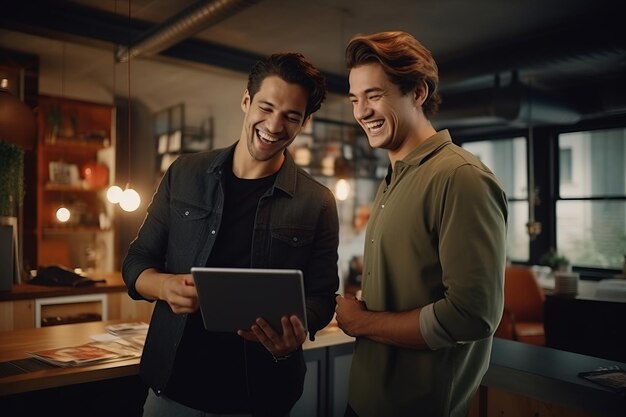 Conociendo hombres freelancers coworking en una camisa emociones positivas de comunicarse con un colega