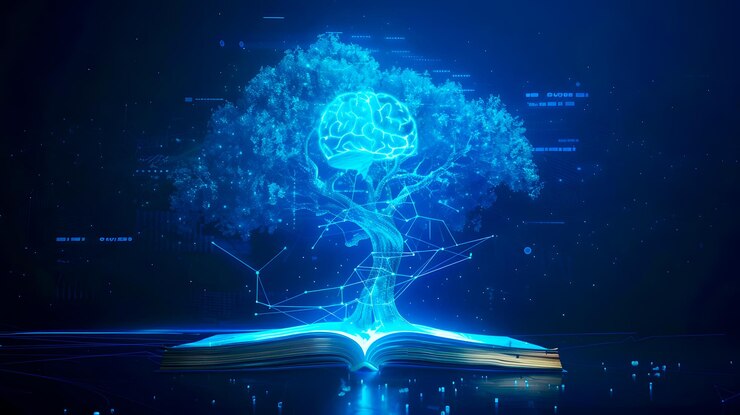 Conocimiento digital árbol futurista de la sabiduría que emerge de un libro abierto