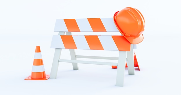 Conos de construcción de tráfico de carretera naranja y un casco aislado sobre fondo blanco 3D Render