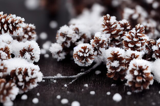 Conos cubiertos de nieve sobre un fondo de madera