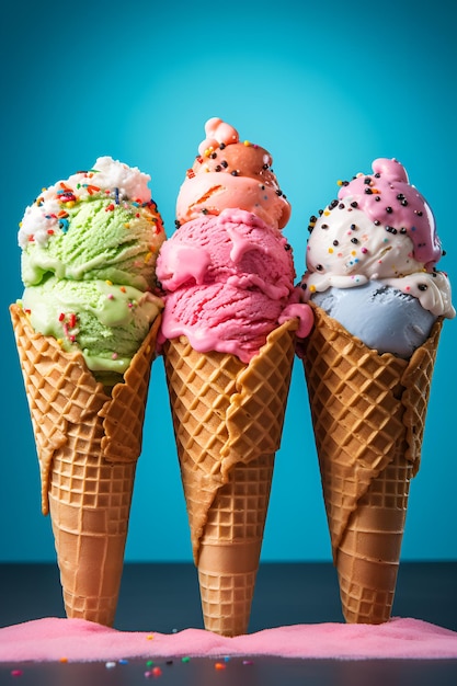 Foto conos de helado de colores con ingredientes
