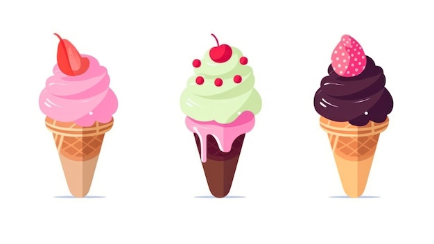 Conos de helado con diferentes sabores sobre un fondo blanco.
