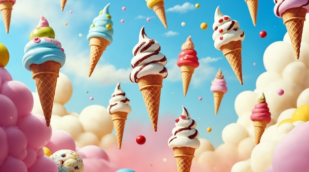 Los conos de helado flotantes en un cielo caprichoso
