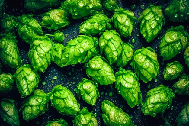 Conos de lúpulo fresco verde para hacer cerveza y pan de cerca Ai generado