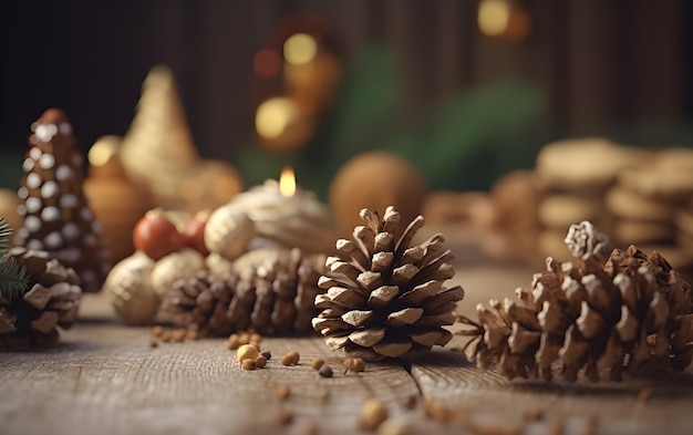 Conos de pino en el fondo del festival de Navidad