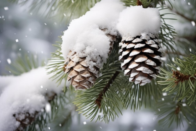 conos de pino en una rama de árbol con nieve