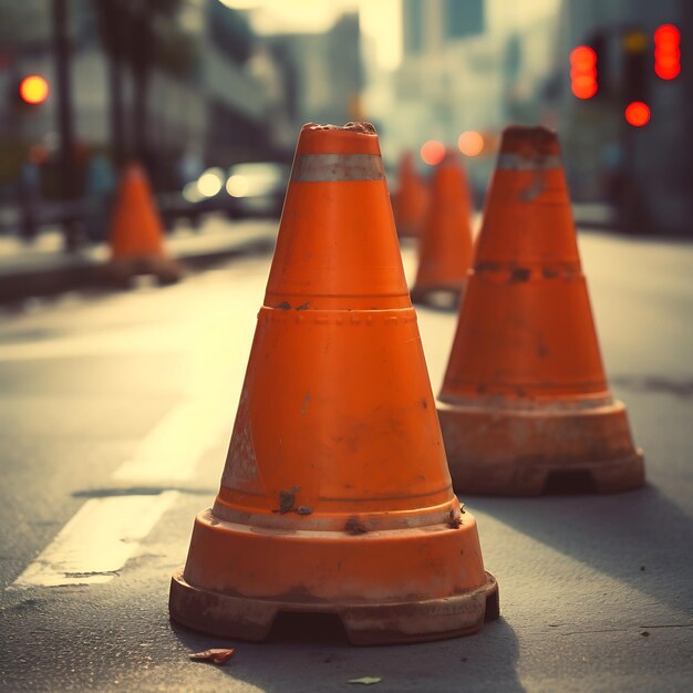 Conos de tráfico en la calle por la noche