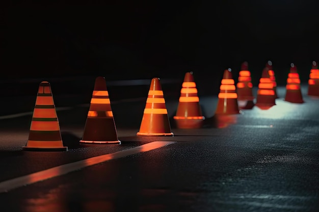 Conos de tráfico en una carretera desierta por la noche creados con IA generativa