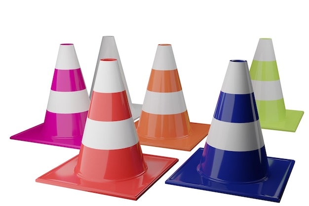 Foto conos de tráfico con rojo, azul marino, rosa, verde, naranja y blanco.
