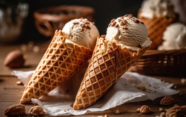 Conos de waffle con helado