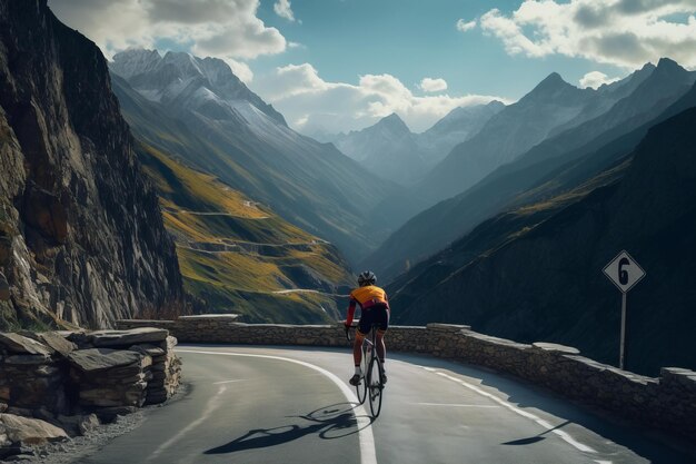 Foto conquistando los alpes italianos un ciclista asciende al paso del stelvio y reside en su cima