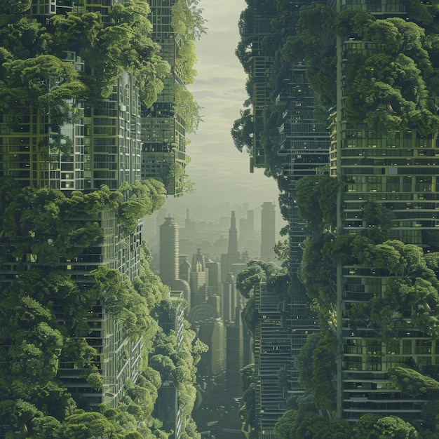 Conscientização Ambiental Cidade com Desenho Vertical de Floresta Imitação Abstracto Ilustração de IA Gerativa