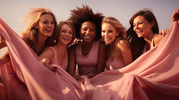 Foto conscientização sobre o câncer de mama diversas mãos femininas levantando a bandeira em unidade candid shot