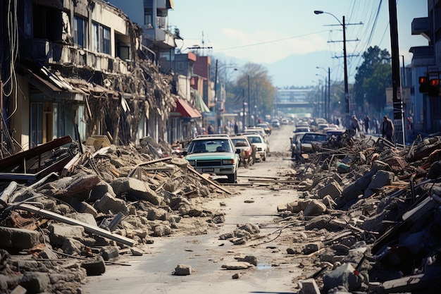 Foto las consecuencias de la actividad sísmica son visibles, revelando edificios derrumbados, infraestructura agrietada y escombros esparcidos por el paisaje.