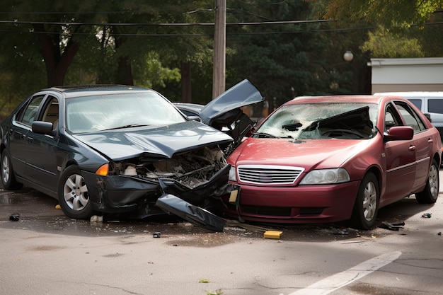 Consecuencias de una colisión de dos coches en una carretera suburbana
