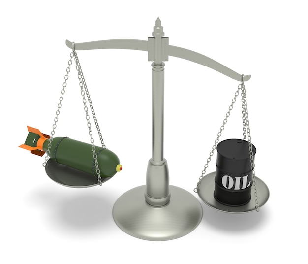 Consecuencias de las guerras del petróleo. Imagen generada digitalmente aislada sobre fondo blanco. Representación 3D