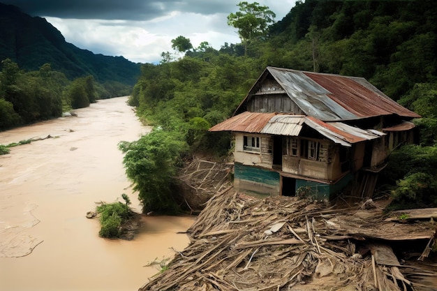 Consecuencias de inundaciones bosque devastado por lluvias y fuertes caudales de agua