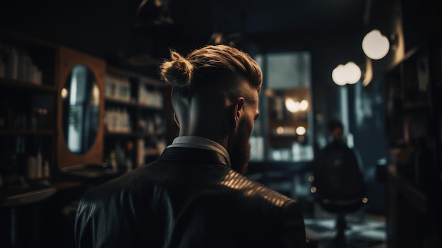 Conseguir la forma perfecta Vista lateral de primer plano de un joven barbudo cortándose la barba por un peluquero en una barbería