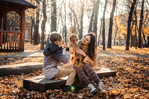 Consejos para el cuidado de mascotas para la madre de familia feliz de otoño y el hijo adolescente caminando y divirtiéndose con cocker