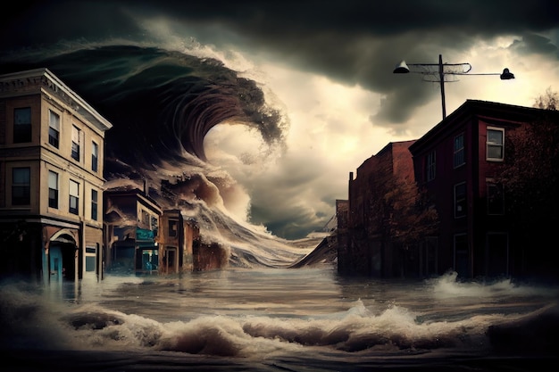 Consequências das inundações e destruição generalizada de desastres naturais