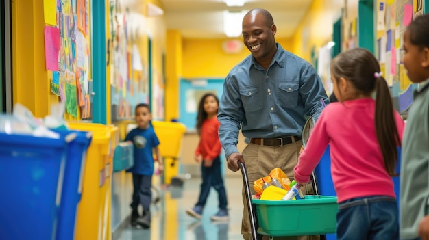 Un conserje sonriente en el colorido pasillo de la escuela