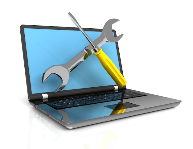 Conserto de computador, laptop, conceito 3d